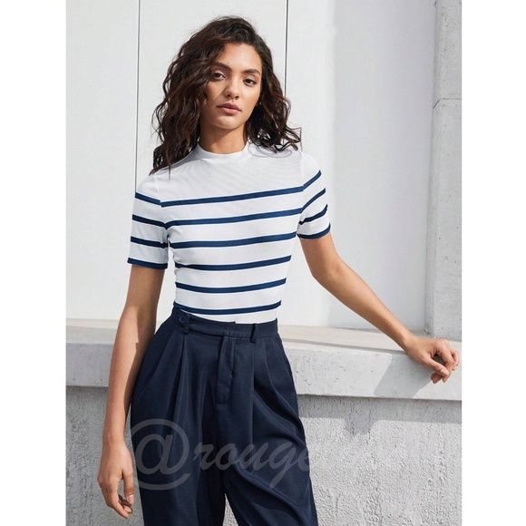 Striped Blue on White Slim Short Sleeve Tee Shirt High Neck - Picture 6 of 10